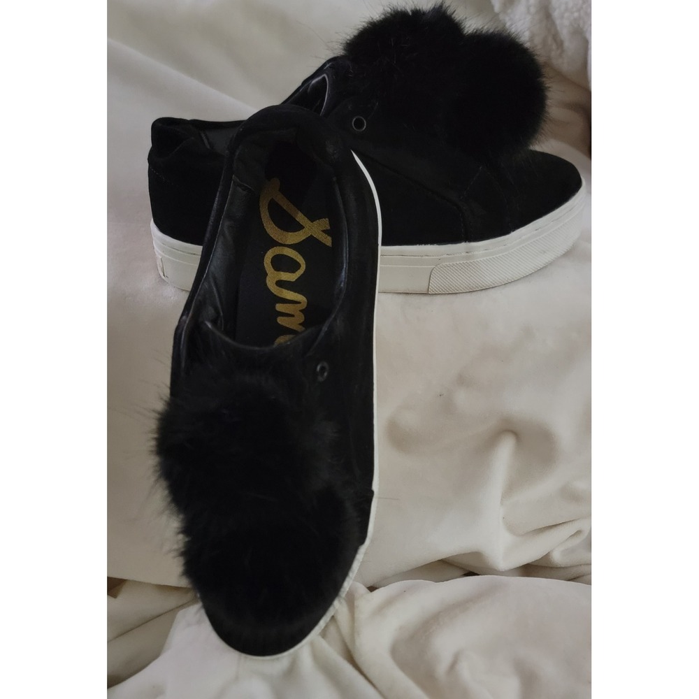 Sam Edelman Black Suede Slip On Sneakers with Fur Pom Poms Women's Size 7m - Picture 4 of 6